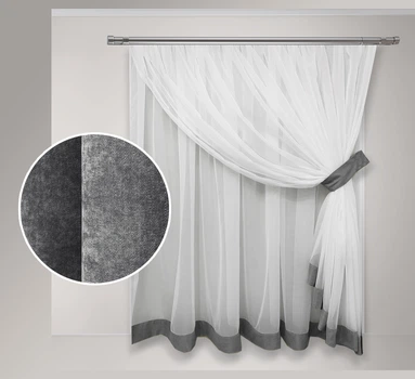 Тюль для кухни Adagio Windows Decor Вероника из белого шифона и цветной отдделки 300 х 160см, темно-серая