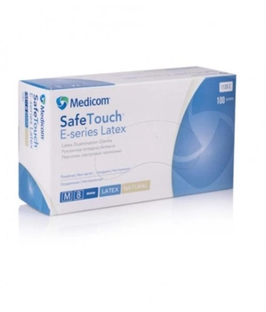 Одноразові рукавички латексні припудрені нестерильні Medicom SafeTouch E-series Latex 100 шт в упаковці Розмір M Білі
