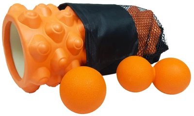 Массажный набор EasyFit Extra оранжевый (EF-MNOR-3) валик (роллер, валик, цилиндр МФР и йоги, массажер для спины, ног, рук, шеи), мячики (двойной и одинарный TRP для миофасциального релиза и самомассажа)