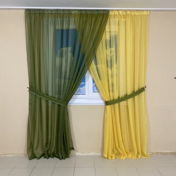 Комплект шифоновых тюлей TG Home №425 2шт. 3*2,70м и подхваты зелёный+жёлтый