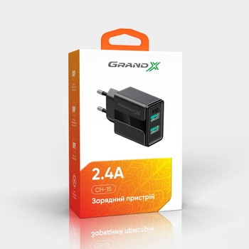 Зарядное устройство Grand-X CH-15UMB 2 USB 5 В 2.4 А с защитой от перегрузки + microUSB 1 м Black (CH-15UMB)