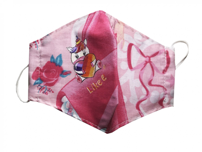 Маска для обличчя з малюнком Лайк (LIKEE) единорог сердечко захисна нестерильна двошарова не медична 1 шт з художнім розписом Alleya-kartin на гумці тканина бавовна колір рожевий