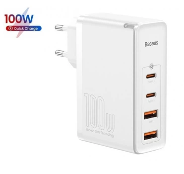 Блок питания Baseus 100W GaN2 Pro Quick Charger |2xUSB/2xType-C, QC/PD, 5A| + кабель USB-C 100W для MacBook/Huawei/Samsung/Asus/Google/Lenovo white