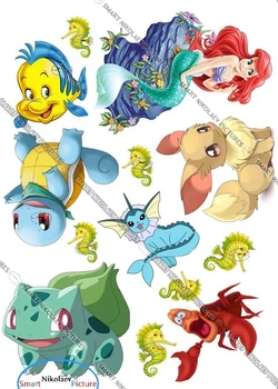 Сахарна їстівна картинка Покемон, Pokemon + русалочка ариэль вис. 9 см для дітей 6,7,8,9,10,11,12 років на торт і топпери (SNP - 00521)