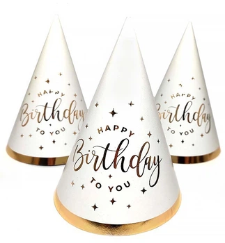 Колпачки бумажные "Happy Birthday" (5шт.), высота - 15 см, картон высокого качества, цвет - белый