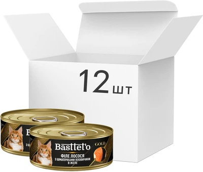 Упаковка влажного корма для котов Basttet`o Gold филе лосося с кусочками говядины в желе 12 шт по 85 г (4820185492577)