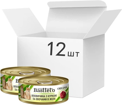 Упаковка влажного корма для котов Basttet`o Original говядина с курицей и овощами в желе 12 шт по 85 г (4820185492591)