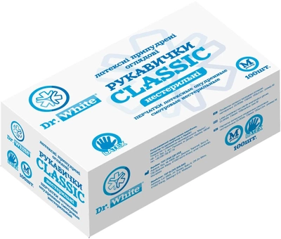 Перчатки медицинские Dr. White Classic Латексные Опудренные размер M 100 шт (4820176661333)
