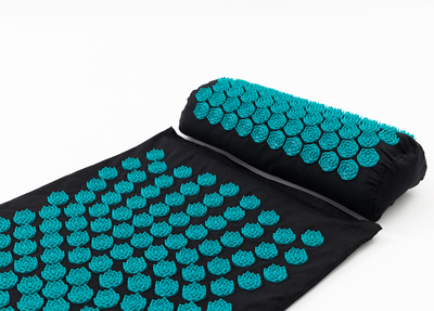 Масажний килимок Аплікатор Кузнєцова + валик масажер для спини/шиї/голови OSPORT Lotus Sun Mat Eco (apl-029) Чорно-бірюзовий