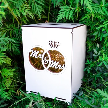 Свадебная Коробка для Денег "Mr&Mrs", Белый с Золотым Акрилом Сундук Копилка на Свадьбу 22х16см ЛДВП