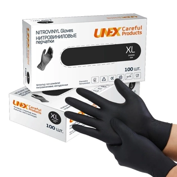 Нитровиниловые перчатки XL (9-10) Unex черные 100шт