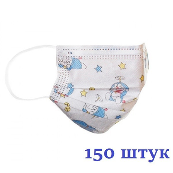 Маски медицинские НЗМ Детские трехслойные не стерильные в индивидуальной упаковке Котик с мельтблауном Украина высокое качество 150 шт