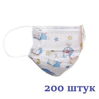 Маски медицинские НЗМ Детские трехслойные не стерильные в индивидуальной упаковке Котик с мельтблауном Украина высокое качество 200 шт