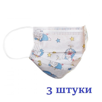 Маски медицинские НЗМ Детские трехслойные не стерильные в индивидуальной упаковке Котик с мельтблауном Украина высокое качество 3 шт