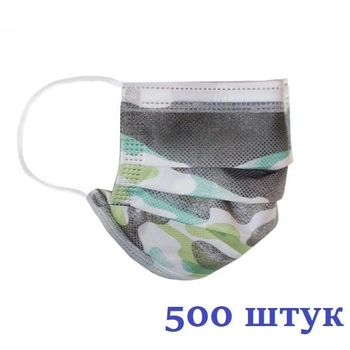 Маски медичні НЗМ Дитячі тришарові не стерильні в індивідуальній упаковці Камуфляж з мельтблауном Україна 500 шт