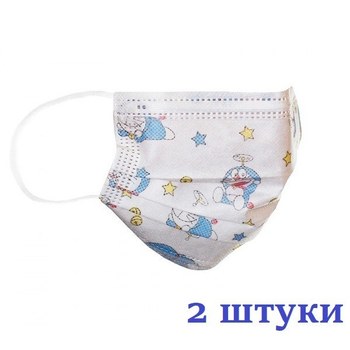 Маски медицинские НЗМ Детские трехслойные не стерильные в индивидуальной упаковке Котик с мельтблауном Украина высокое качество 2 шт