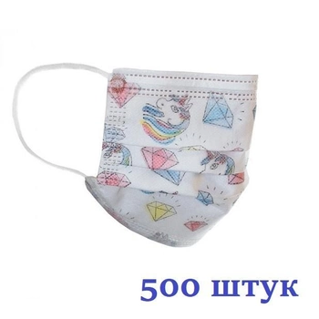 Маски медичні НЗМ Дитячі тришарові не стерильні в індивідуальній упаковці Єдиноріг з мельтблауном Україна 500 шт