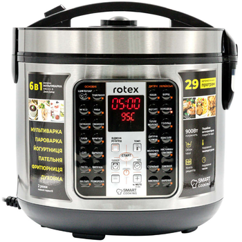 Мультиварка 6 в 1 Rotex RMC401-B Smart Cooking 29 программ 900 Вт 5 л мультиповар таймер двойное антипригарное серебристая/черная книга рецептов