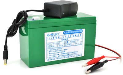 Аккумуляторная батарея QiSuo литиевая 12V 6A с элементами Li-ion 18650 + зарядное устройство 12.6V 1A + крокодилы (QS-1206ACH)