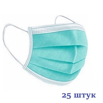 Маски медичні НЗМ тришарові не стерильні в індивідуальній упаковці Зелені з мельтблауном Україна 25 шт