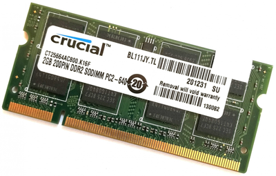 Оперативная память для ноутбука Crucial SODIMM DDR2 2Gb 800MHz 6400s CL6 (CT25664AC800.K16F) Б/У