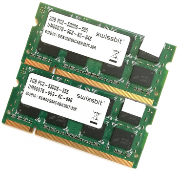 Пара оперативной памяти для ноутбука Swissbit DDR2 4Gb (2*2Gb) 667MHz 5300s 2R8 CL5 (SEN02G64C4BH2MT-30R) Б/У