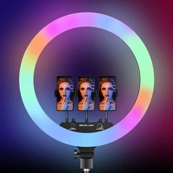Цветная Светодиодная Кольцевая лампа RGB LED Селфи Лампа для тик тока лампа для блогера с тремя держателями для телефонов MJ36 диаметр 36 см без штатива