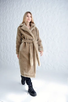 Шуба з овечої шерсті Sheep brand Carmen 115см розмір M з комірцем, кремовий