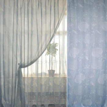 Лен гардинный цветы лотоса бело-розовые, голубой, ш.260 (30426.002)