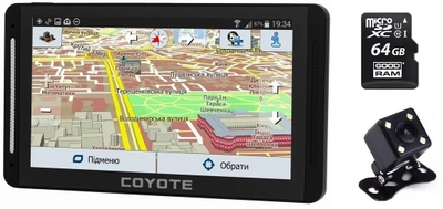 GPS навігатор відеореєстратор COYOTE 940 DVR Double Hector PRO 1gb 16gb з картами для вантажного і легкового транспорту + Камера заднього виду з підсвічуванням + Карта пам'яті MicroSD 64Gb