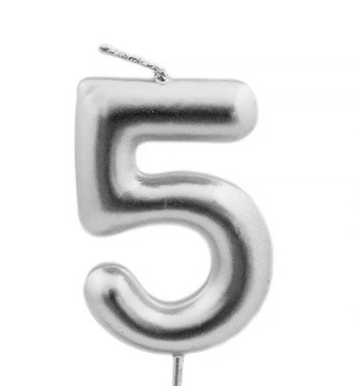 Свечи - цифры в торт "5", высота - 7 см, цвет - серебро (металлик)
