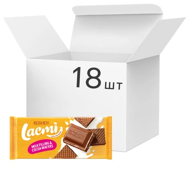 Упаковка шоколада Roshen молочного с молочной начинкой и вафлей 90 г х 18 шт (4823077633195)