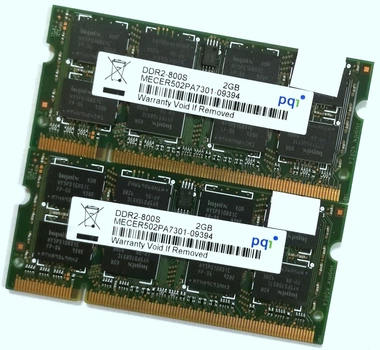 Пара оперативной памяти для ноутбука PQI SODIMM DDR2 4Gb (2Gb+2Gb) 800MHz 6400s CL6 (MECER502PA7301-09394) Б/У