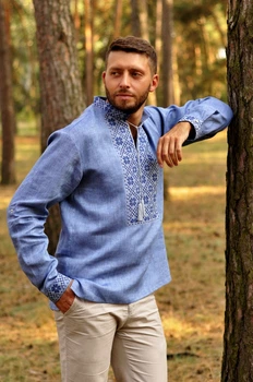 Українська чоловіча сорочка-вишиванка з льону з коміром-стійкою і довгим рукавом великого розміру Сучасні вишиванки XXXL Синя (М19 / 1-273)