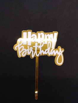 Топпер акриловий для торта золото з білим написом Happy birthday