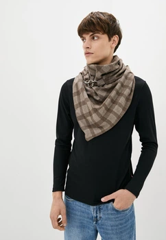 Шарф "Эдинбург" большой MyScarf теплый коричнево-бежевая клетка, застежка-кольца