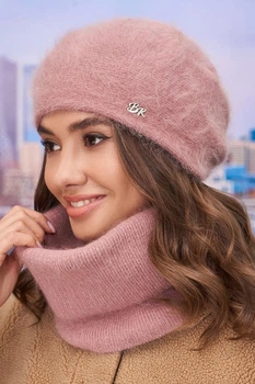 Женский комплект с мохером (берет и хомут) 4977- 4961-77 Брекстон темная пудра
