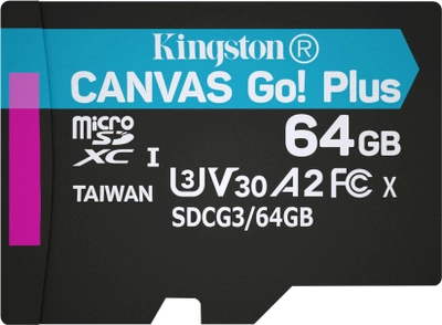 Kingston MicroSDXC 64GB Canvas Go! Plus Class 10 UHS-I U3 V30 A2 + SD-адаптер (SDCG3/64GB)