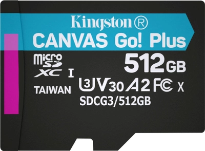 Kingston MicroSDXC 512GB Canvas Go! Plus Class 10 UHS-I U3 V30 A2 + SD-адаптер (SDCG3/512GB)