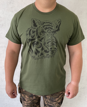 Мужская футболка для охотника принт Морда кабана XL темный хаки