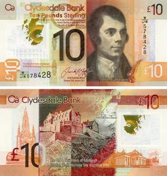 Банкнота Шотландия 10 фунтов 2016 Полимер UNC Роберт Бернс Clydesdale bank (P229Q)