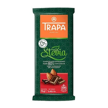 Шоколад чорний TRAPA какао 80% зі стевією, без цукру, без глютену 75г (00-00001164)