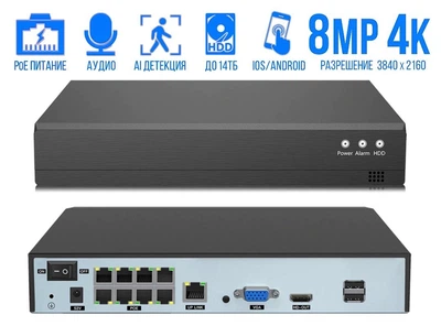 POE IP Відеореєстратор Usafeqlo 8-портовий NVR 8Мп (4K) P2P Xmeye