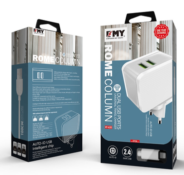 Набор 2 в 1 СЗУ With Iphone Cable 110-240V MY-A203, 2 x USB, 5V / 12W, Output: 5V / 2.4A, White, Blister- box