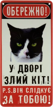 Металева табличка "Обережно! У Дворі Злий Кіт! P.S. Він Слідкує За Тобою!" (ms-002675)