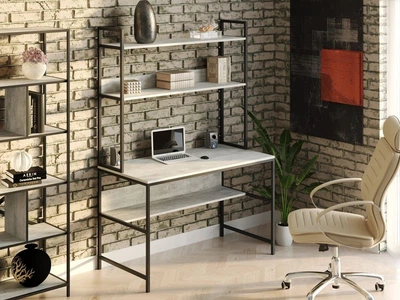 Стол компьютерный письменный с металлическим каркасом в стиле Лофт (Loft) DrevoGoods усиленный, прямой, рабочий для дома и офиса 1600х750х600мм; металл: Черный; дерево: Бетон + стеллаж с полками (720|49)