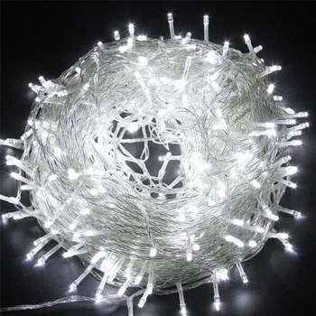 Светодиодная гирлянда на 15 метров - прозрачный шнур 200 Led (ламп) цвет освещения нейтральный белый, работает от сети
