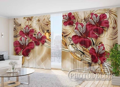 Фото Штори PHOTODECOR "Червоні квіти зі стразами 1" 1 кв.м.