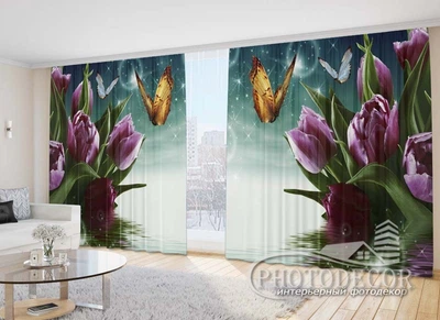 Фото Штори PHOTODECOR "Фіолетові тюльпани з метеликами"
