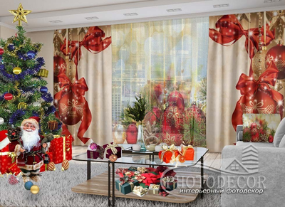 Новорічні Фото штори і тюль PHOTODECOR "Червоні кулі з гілками ялинки"
